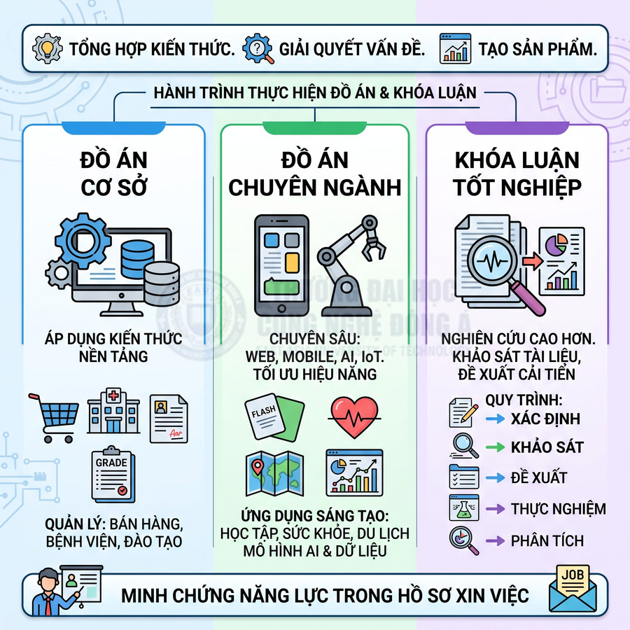 Infographic hành trình thực hiện đồ án cơ sở, đồ án chuyên ngành và khóa luận tốt nghiệp ngành công nghệ thông tin