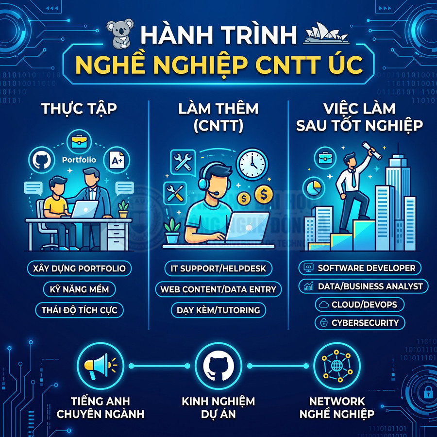 Hành trình nghề nghiệp CNTT tại Úc với các bước thực tập, làm thêm IT và việc làm sau tốt nghiệp