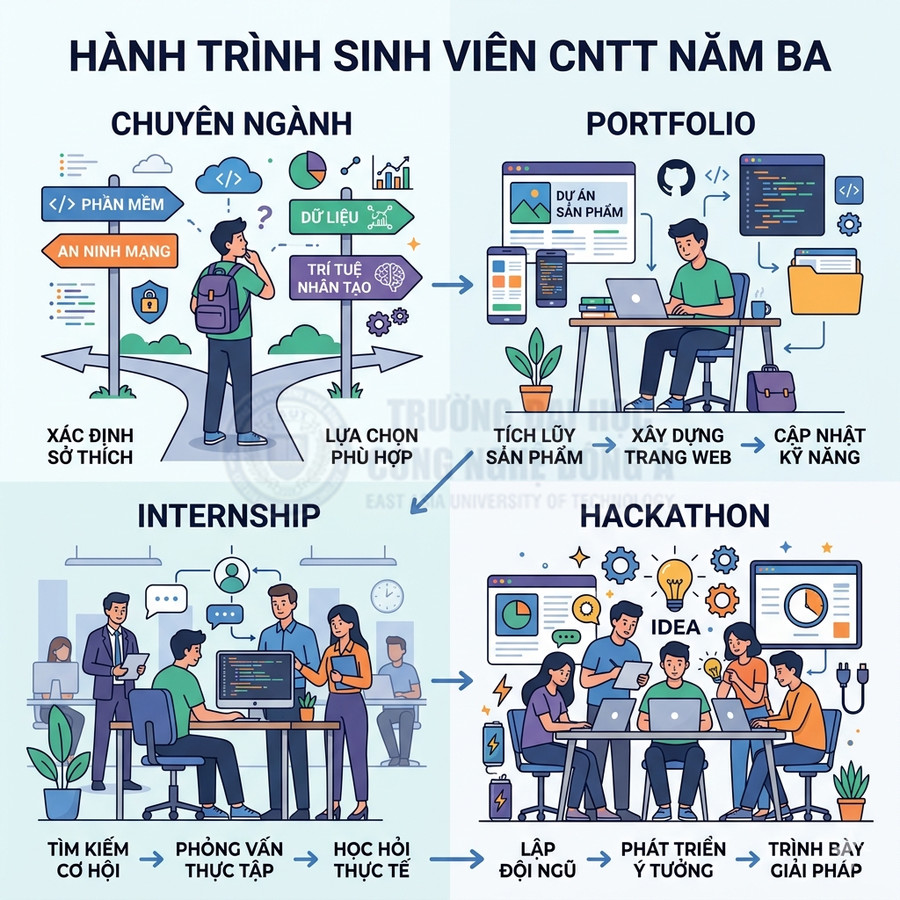 Hành trình sinh viên CNTT năm ba với chuyên ngành, portfolio, internship và hackathon minh họa từng bước phát triển