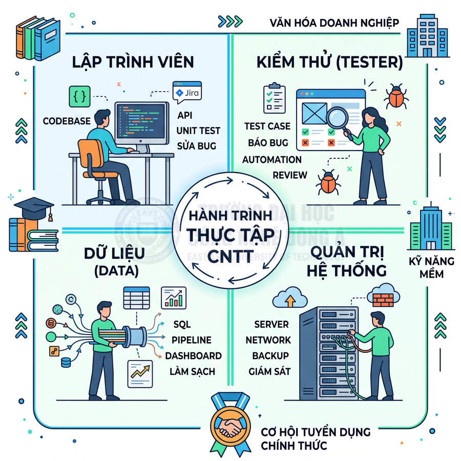 Hành trình thực tập CNTT với các vị trí lập trình viên, kiểm thử, dữ liệu và quản trị hệ thống
