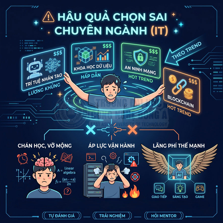 Infographic hậu quả chọn sai chuyên ngành IT với các ngành AI, khoa học dữ liệu, an ninh mạng, blockchain