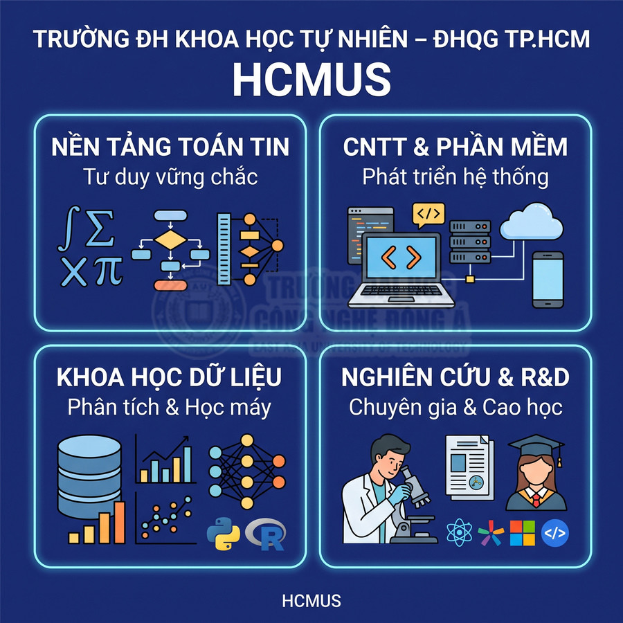 Poster giới thiệu các ngành Toán Tin, CNTT, Khoa học dữ liệu, Nghiên cứu R&D của Trường ĐH Khoa học Tự nhiên HCMUS