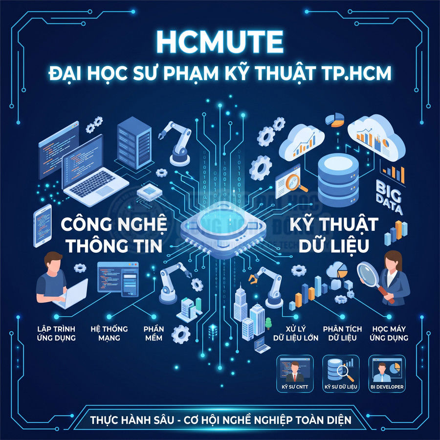 Poster giới thiệu ngành công nghệ thông tin và kỹ thuật dữ liệu tại Đại học Sư phạm Kỹ thuật TP HCM