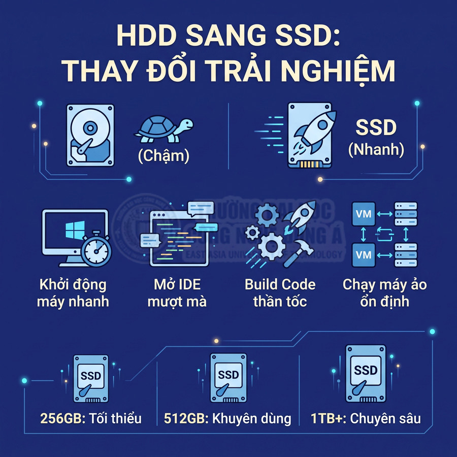 So sánh ổ cứng HDD và SSD, nêu ưu điểm tốc độ, khởi động nhanh, build code và chạy máy ảo mượt hơn