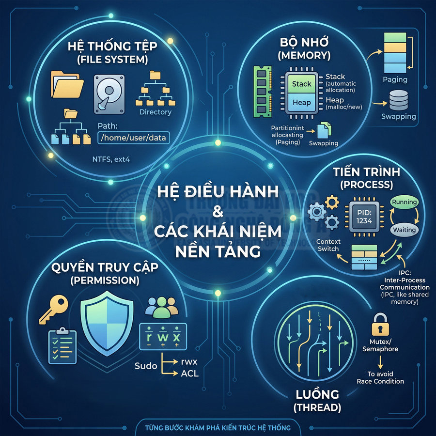 Sơ đồ khái niệm nền tảng hệ điều hành gồm bộ nhớ, tiến trình, luồng, hệ thống tệp và quyền truy cập
