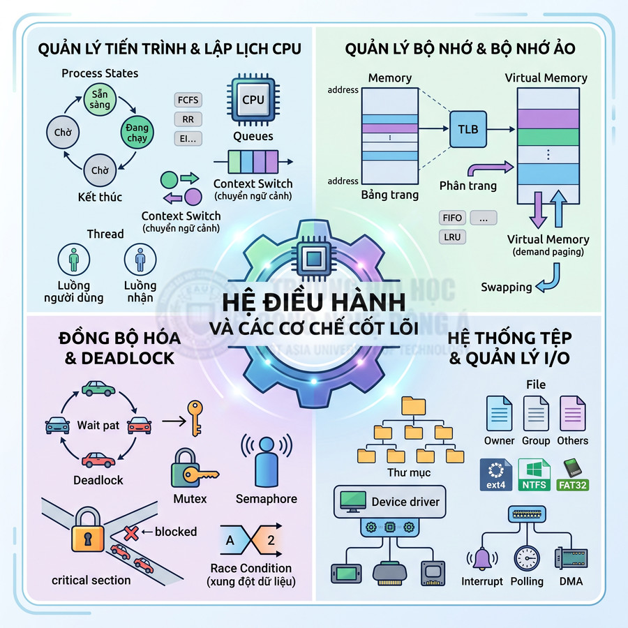 Sơ đồ tổng quan hệ điều hành với quản lý tiến trình, bộ nhớ, đồng bộ hóa, hệ thống tệp và cơ chế I O
