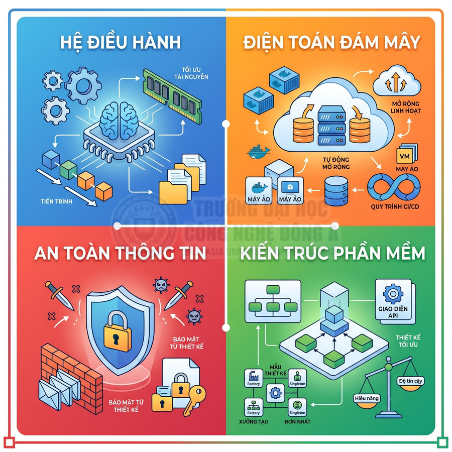 Minh họa các lĩnh vực hệ điều hành, điện toán đám mây, an toàn thông tin và kiến trúc phần mềm trong công nghệ thông tin
