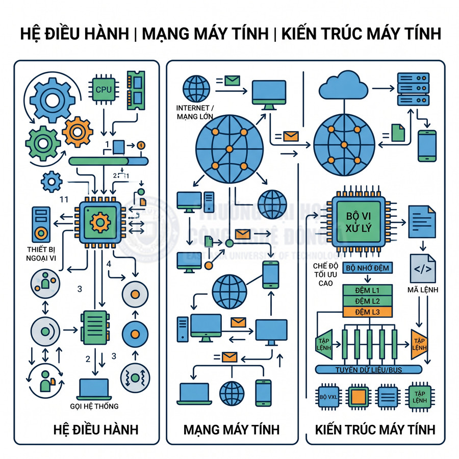 Sơ đồ minh họa hệ điều hành, mạng máy tính và kiến trúc máy tính với CPU, bộ nhớ, thiết bị ngoại vi và kết nối Internet