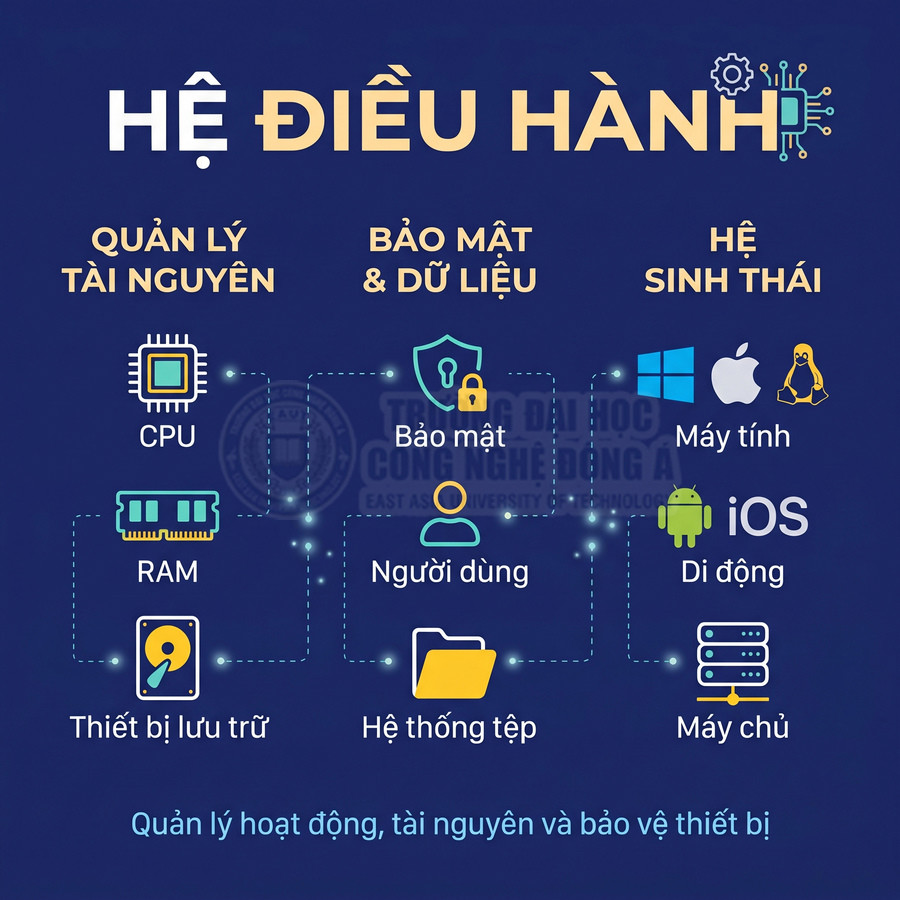 Hệ điều hành quản lý tài nguyên, bảo mật dữ liệu và kết nối máy tính, thiết bị di động, máy chủ