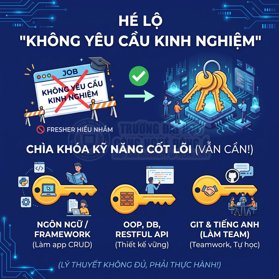 Poster kỹ năng cốt lõi cho fresher IT: ngôn ngữ lập trình, OOP, database, RESTful API, Git và tiếng Anh