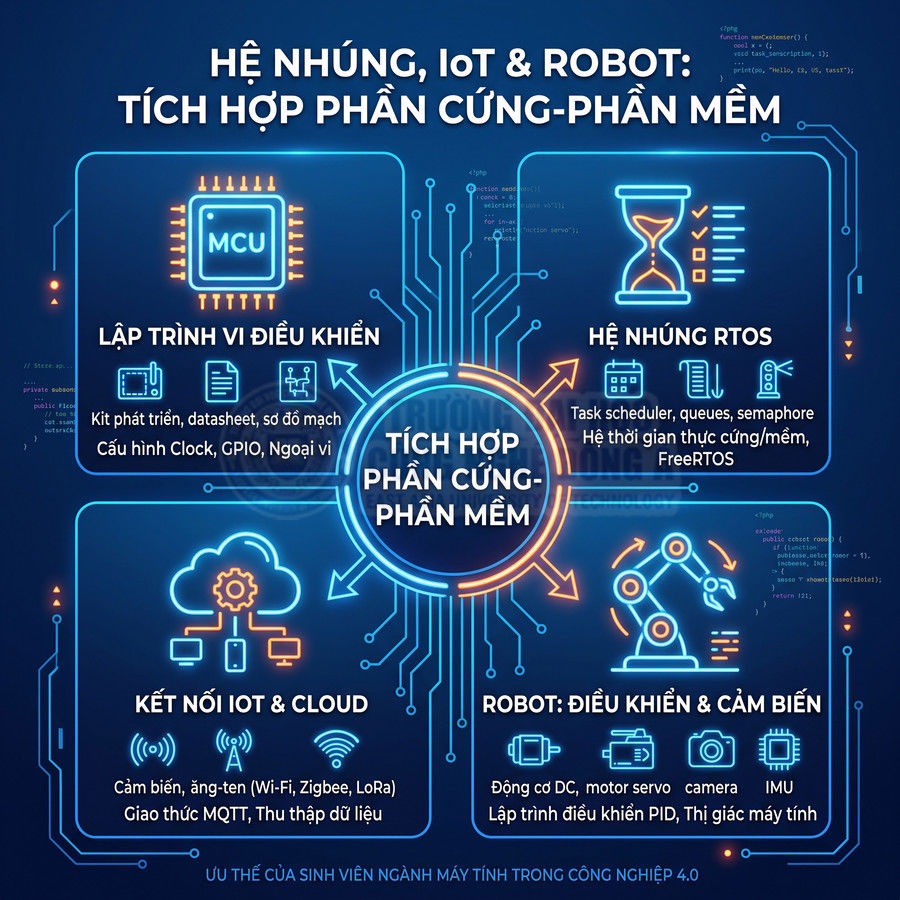 Infographic hệ nhúng IoT robot trình bày lập trình vi điều khiển RTOS kết nối IoT Cloud và điều khiển cảm biến