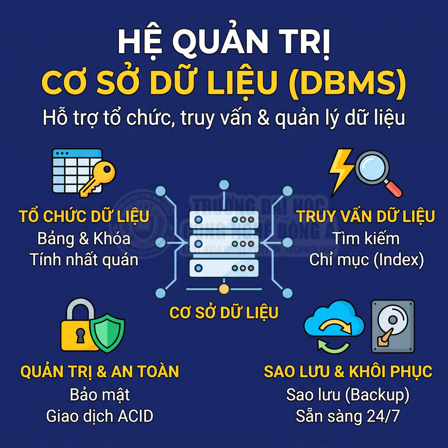Hình minh họa hệ quản trị cơ sở dữ liệu DBMS với các chức năng tổ chức, truy vấn, bảo mật và sao lưu dữ liệu