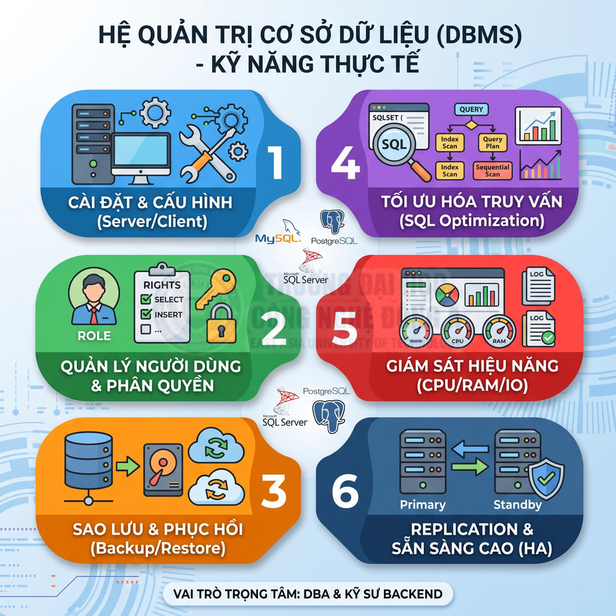 Infographic kỹ năng quản trị hệ quản trị cơ sở dữ liệu DBMS như cài đặt, phân quyền, sao lưu, tối ưu và giám sát