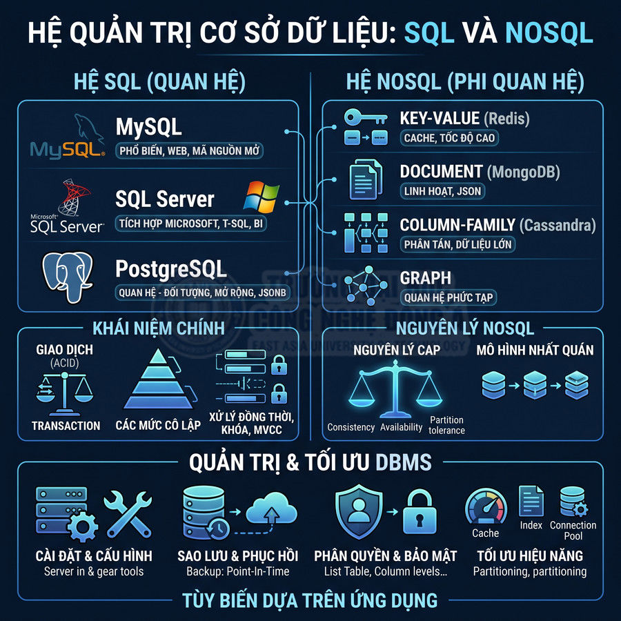 So sánh hệ quản trị cơ sở dữ liệu SQL và NoSQL, ví dụ MySQL, SQL Server, PostgreSQL, MongoDB, Redis, Cassandra