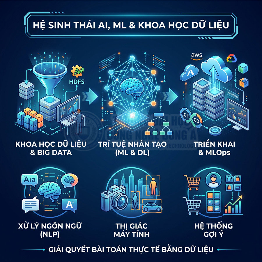 Mô hình hệ sinh thái AI, machine learning và khoa học dữ liệu với các ứng dụng NLP, thị giác máy tính, hệ thống gợi ý