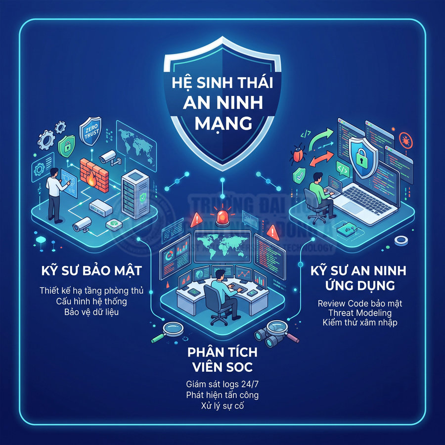 Mô tả hệ sinh thái an ninh mạng với kỹ sư bảo mật, phân tích viên SOC và kỹ sư an ninh ứng dụng