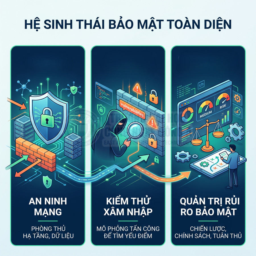 Minh họa hệ sinh thái bảo mật toàn diện với an ninh mạng, kiểm thử xâm nhập và quản trị rủi ro bảo mật