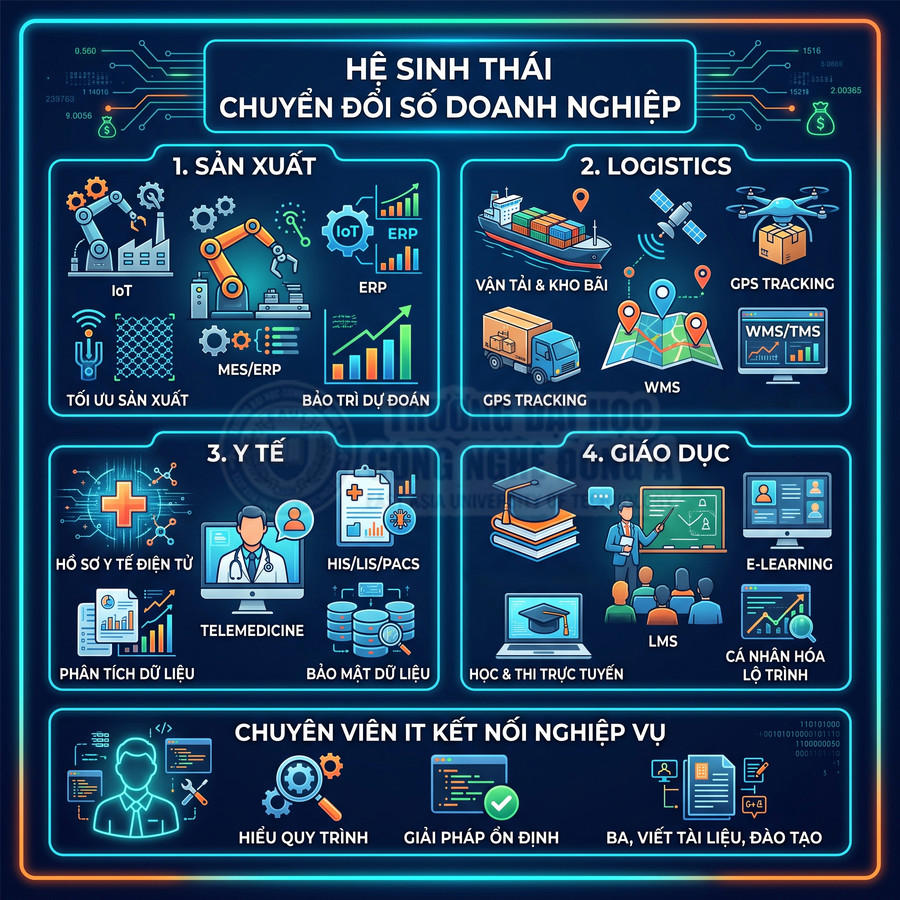 Infographic hệ sinh thái chuyển đổi số doanh nghiệp trong sản xuất, logistics, y tế, giáo dục và vai trò chuyên viên IT