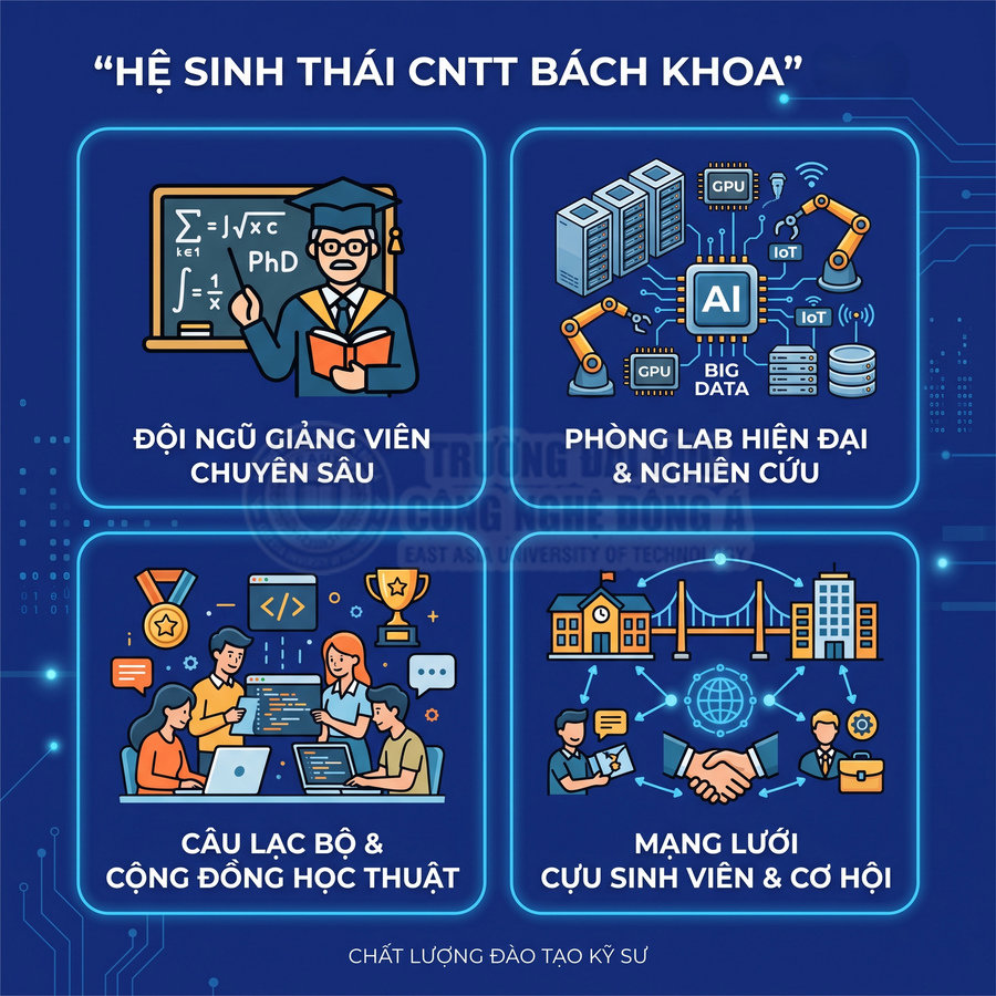 Hệ sinh thái ngành công nghệ thông tin Bách Khoa với giảng viên, phòng lab, câu lạc bộ và mạng lưới cựu sinh viên