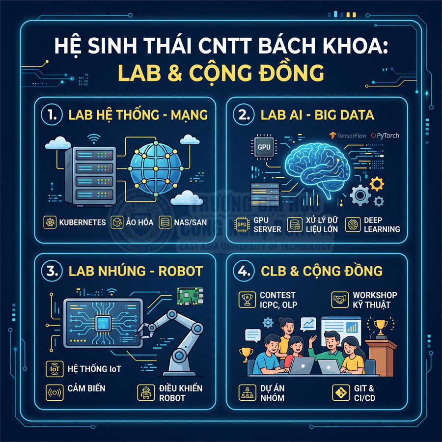 Poster giới thiệu hệ sinh thái CNTT Bách Khoa với các lab hệ thống mạng, AI Big Data, nhúng robot và câu lạc bộ cộng đồng
