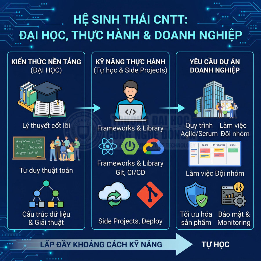 Sơ đồ hệ sinh thái CNTT từ kiến thức đại học đến kỹ năng thực hành và yêu cầu dự án doanh nghiệp