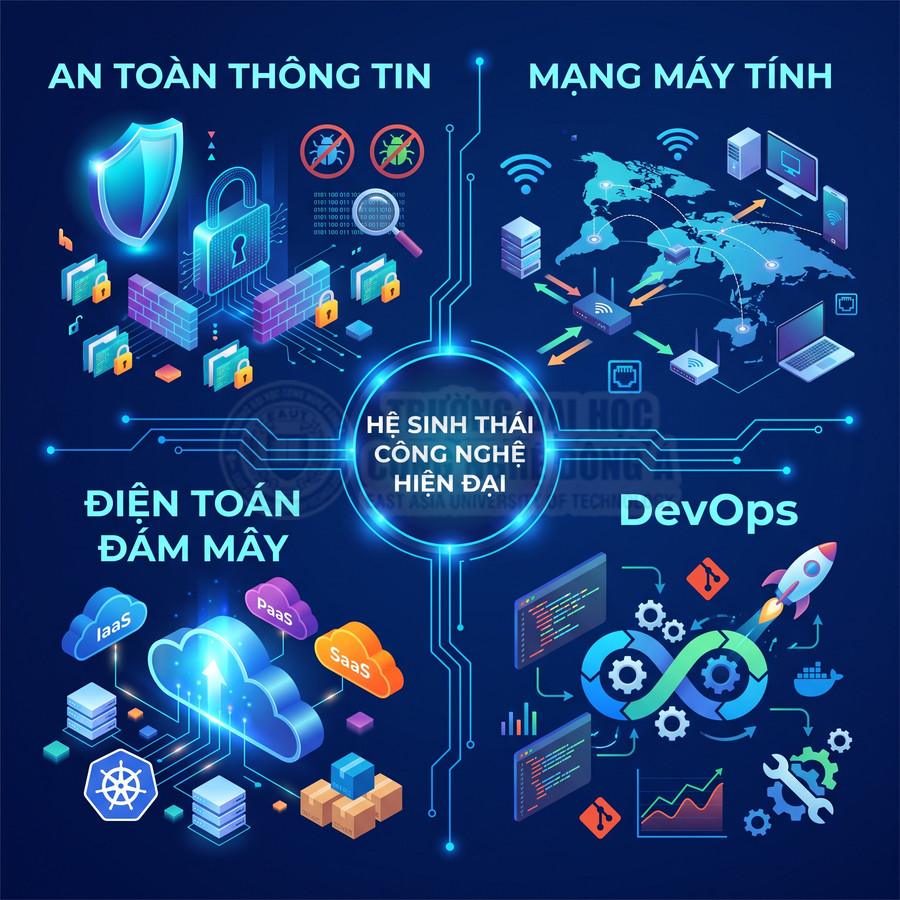 Minh họa hệ sinh thái công nghệ hiện đại với an toàn thông tin, mạng máy tính, điện toán đám mây và DevOps