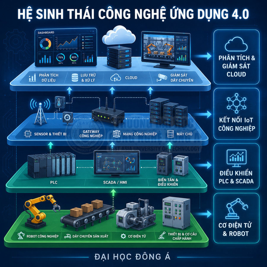 Mô hình hệ sinh thái công nghệ ứng dụng 4.0 với robot công nghiệp, dây chuyền sản xuất, PLC, IoT và cloud của Đại học Đông Á