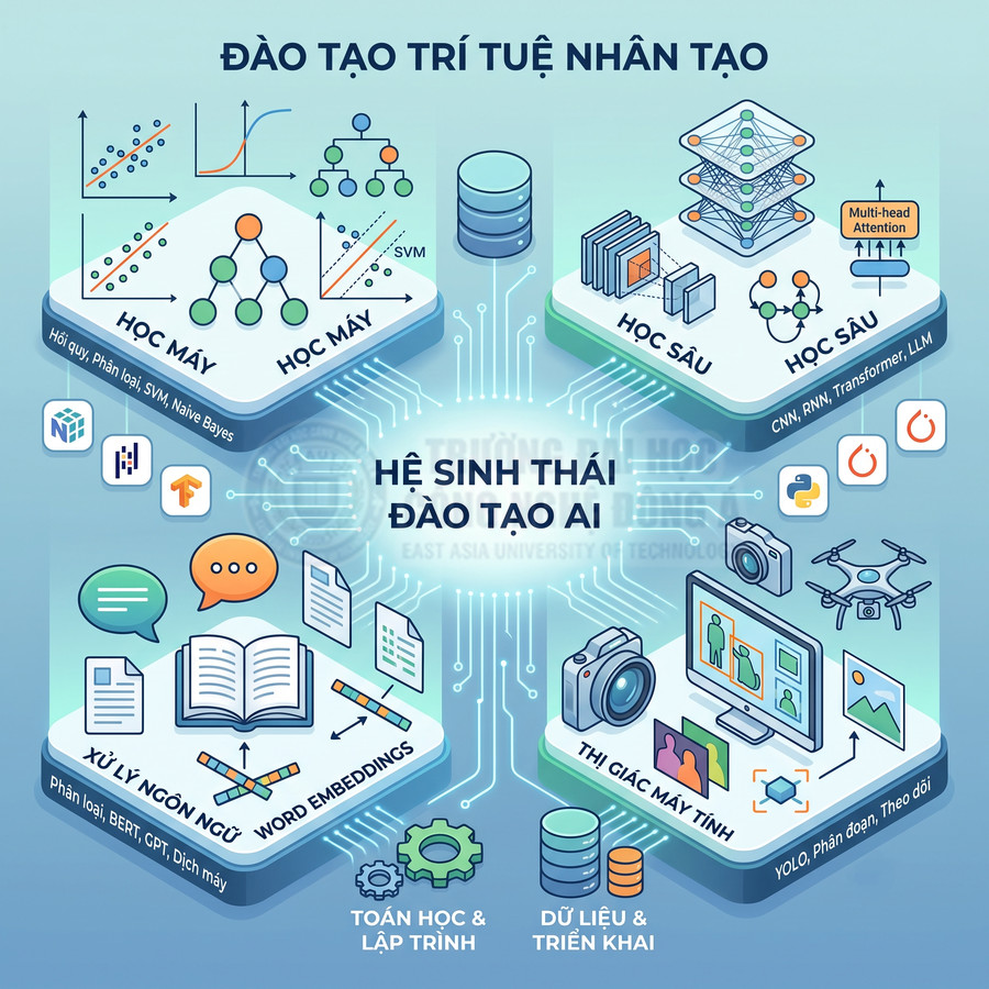 Hệ sinh thái đào tạo trí tuệ nhân tạo với học máy, học sâu, xử lý ngôn ngữ tự nhiên và thị giác máy tính