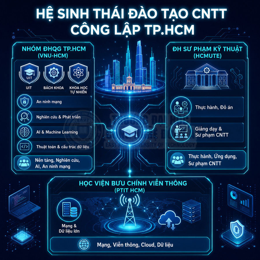 Infographic hệ sinh thái đào tạo CNTT công lập TP.HCM với các trường ĐHQG TP.HCM, HCMUTE, PTIT HCM và các chuyên ngành liên quan