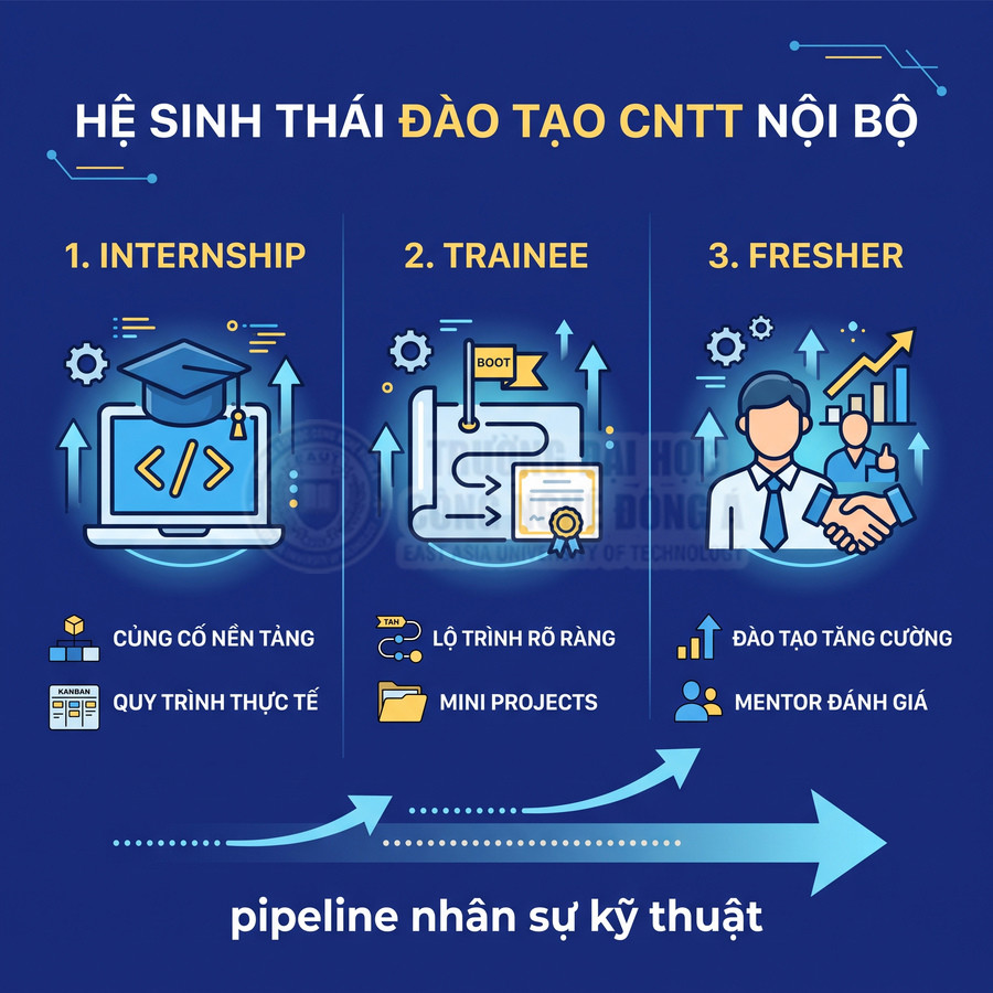 Mô hình hệ sinh thái đào tạo CNTT nội bộ với các giai đoạn internship trainee fresher và pipeline nhân sự kỹ thuật