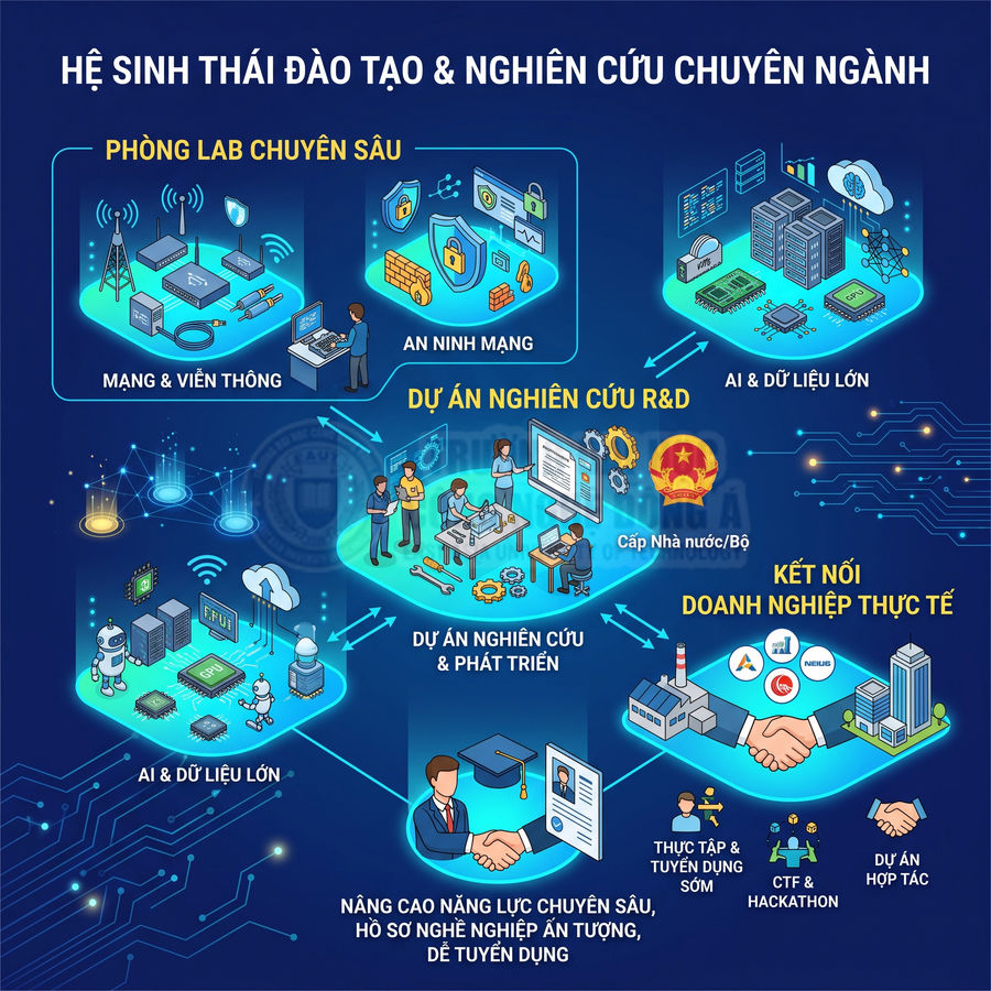 Hệ sinh thái đào tạo nghiên cứu chuyên ngành công nghệ thông tin với phòng lab, AI, an ninh mạng, kết nối doanh nghiệp