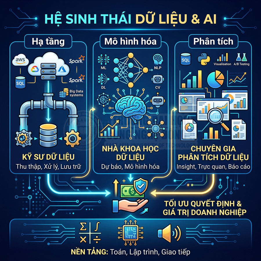 Mô hình hệ sinh thái dữ liệu và AI với vai trò kỹ sư dữ liệu, nhà khoa học dữ liệu, chuyên gia phân tích dữ liệu