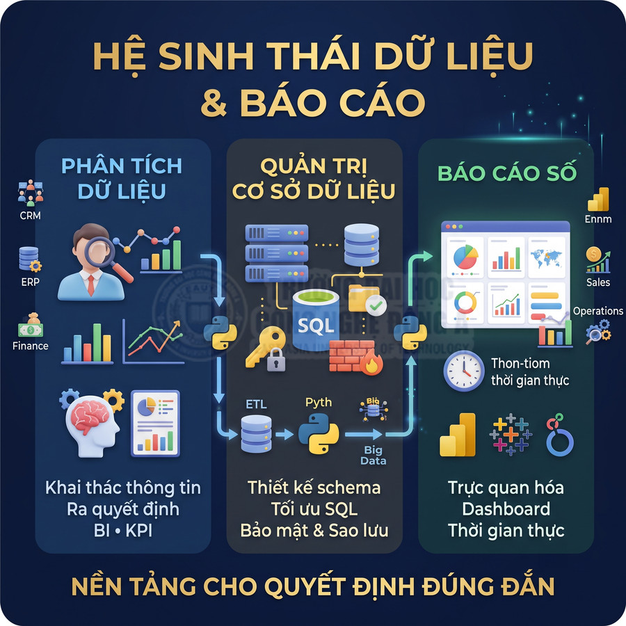 Hệ sinh thái dữ liệu và báo cáo với phân tích dữ liệu, quản trị cơ sở dữ liệu SQL và báo cáo số thời gian thực