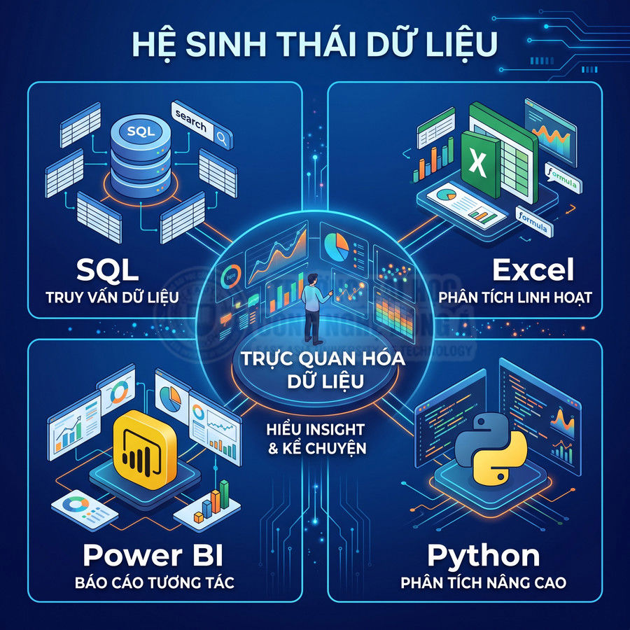 Mô hình hệ sinh thái dữ liệu với SQL, Excel, Power BI, Python kết nối vào trung tâm trực quan hóa dữ liệu