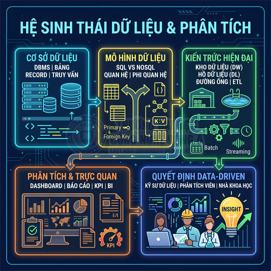 Sơ đồ hệ sinh thái dữ liệu và phân tích từ cơ sở dữ liệu, mô hình, kiến trúc đến phân tích và quyết định