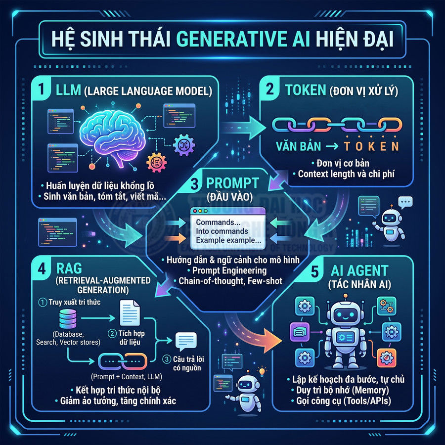 Sơ đồ hệ sinh thái Generative AI hiện đại với LLM, token, prompt, RAG và tác nhân AI minh họa quy trình hoạt động