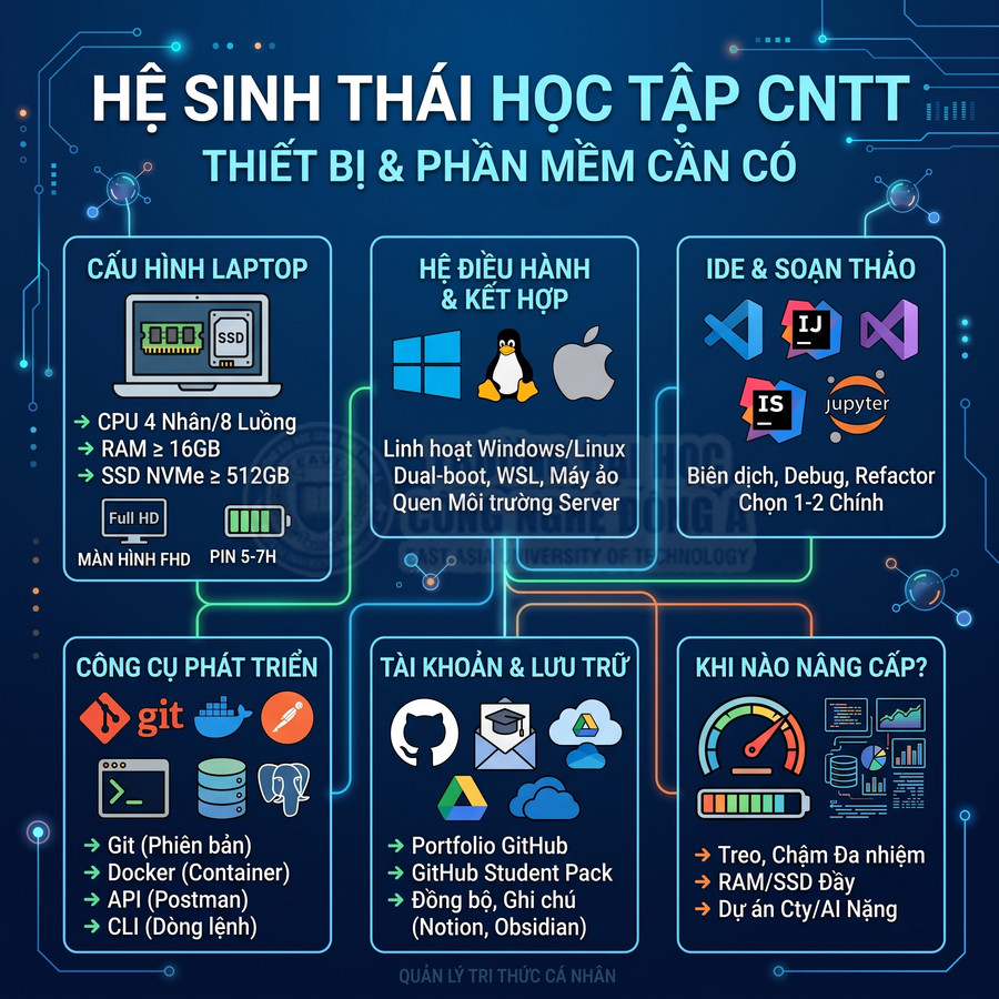 Infographic hệ sinh thái học tập CNTT với cấu hình laptop, hệ điều hành, IDE, công cụ Git và lưu trữ đám mây