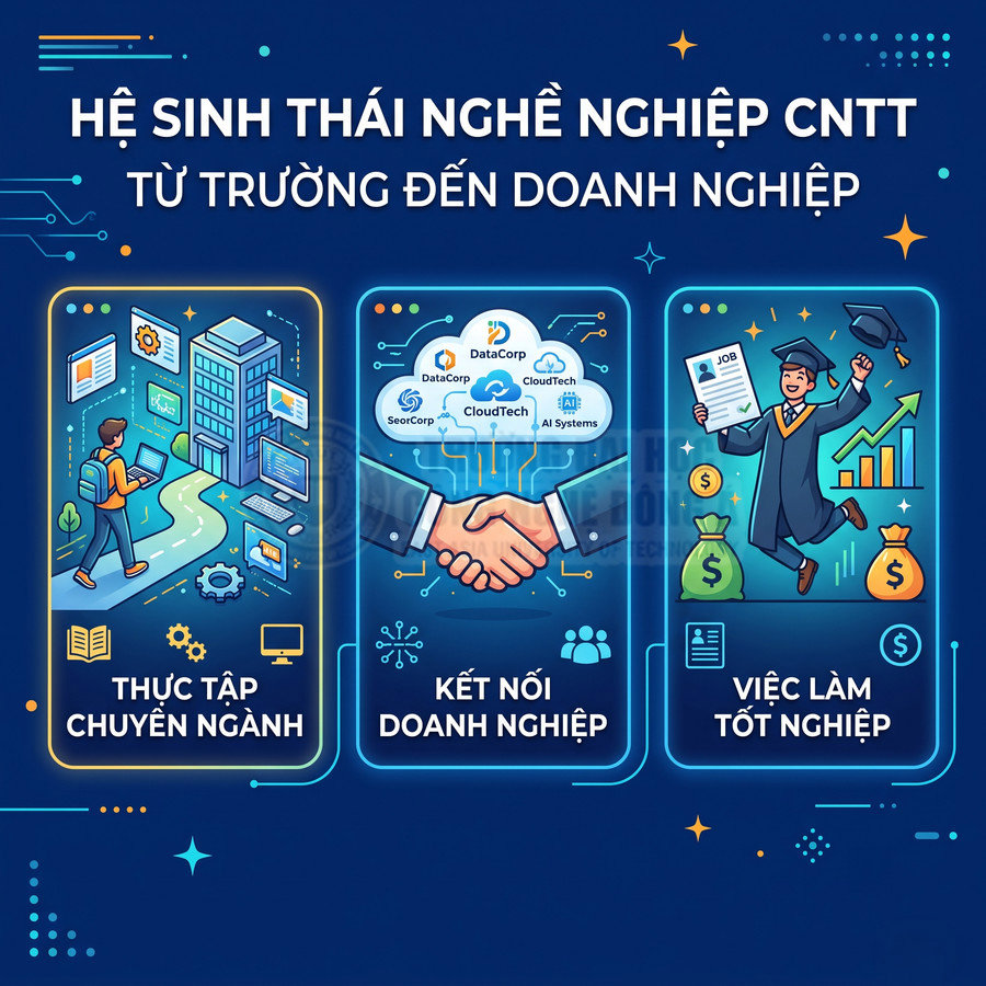 Hệ sinh thái nghề nghiệp CNTT từ thực tập chuyên ngành, kết nối doanh nghiệp đến việc làm tốt nghiệp