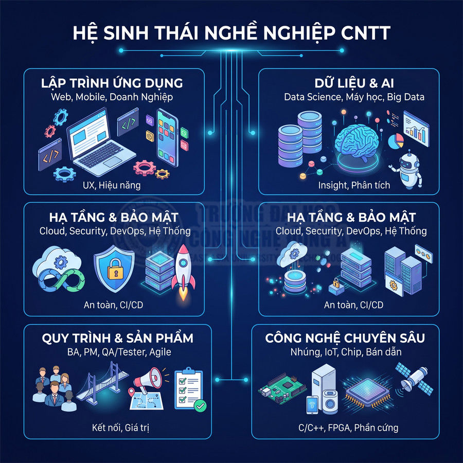 Sơ đồ hệ sinh thái nghề nghiệp CNTT với các mảng lập trình, dữ liệu AI, hạ tầng bảo mật, quy trình sản phẩm, công nghệ chuyên sâu