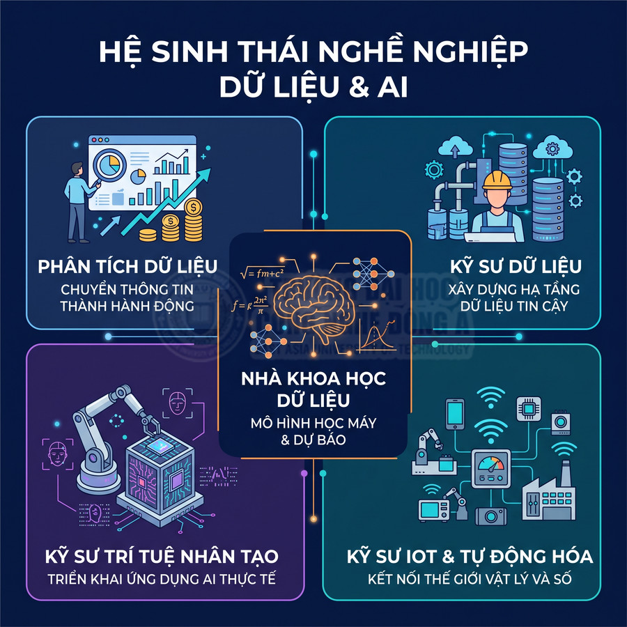 Hệ sinh thái nghề nghiệp dữ liệu và AI với các vai trò phân tích dữ liệu, khoa học dữ liệu, kỹ sư AI, IoT và dữ liệu