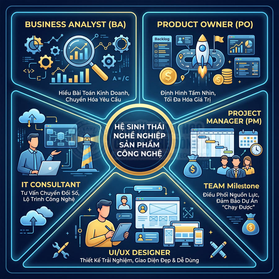 Sơ đồ hệ sinh thái nghề nghiệp sản phẩm công nghệ với các vai trò BA, PO, PM, IT Consultant và UI UX Designer