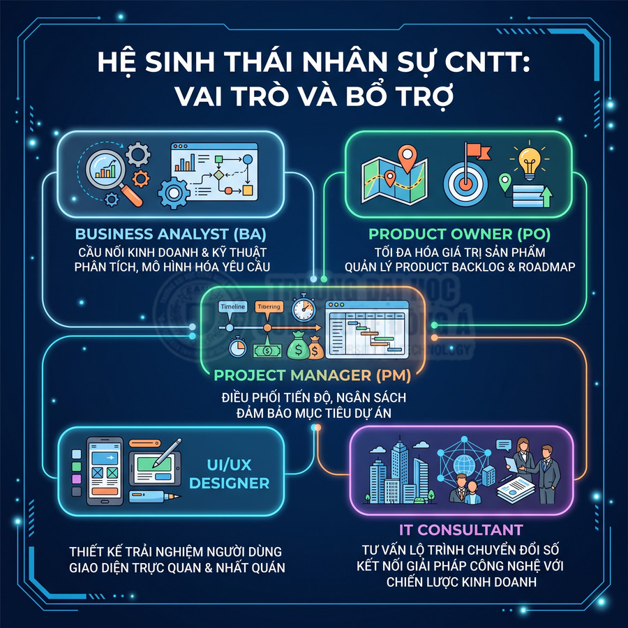 Infographic hệ sinh thái nhân sự CNTT với vai trò BA, PO, PM, UIUX Designer và IT Consultant
