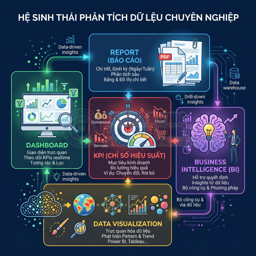 Mô hình hệ sinh thái phân tích dữ liệu chuyên nghiệp với dashboard, báo cáo, KPI, BI và trực quan hóa dữ liệu