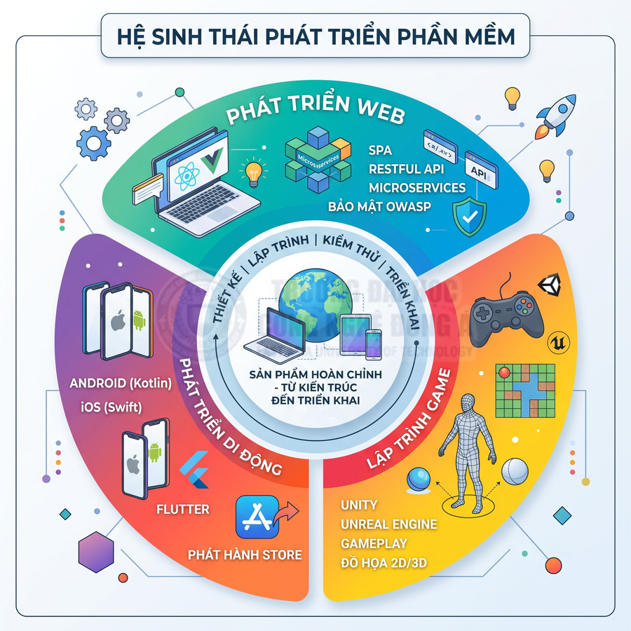 Mô hình hệ sinh thái phát triển phần mềm gồm web, di động Android iOS, lập trình game và quy trình triển khai sản phẩm