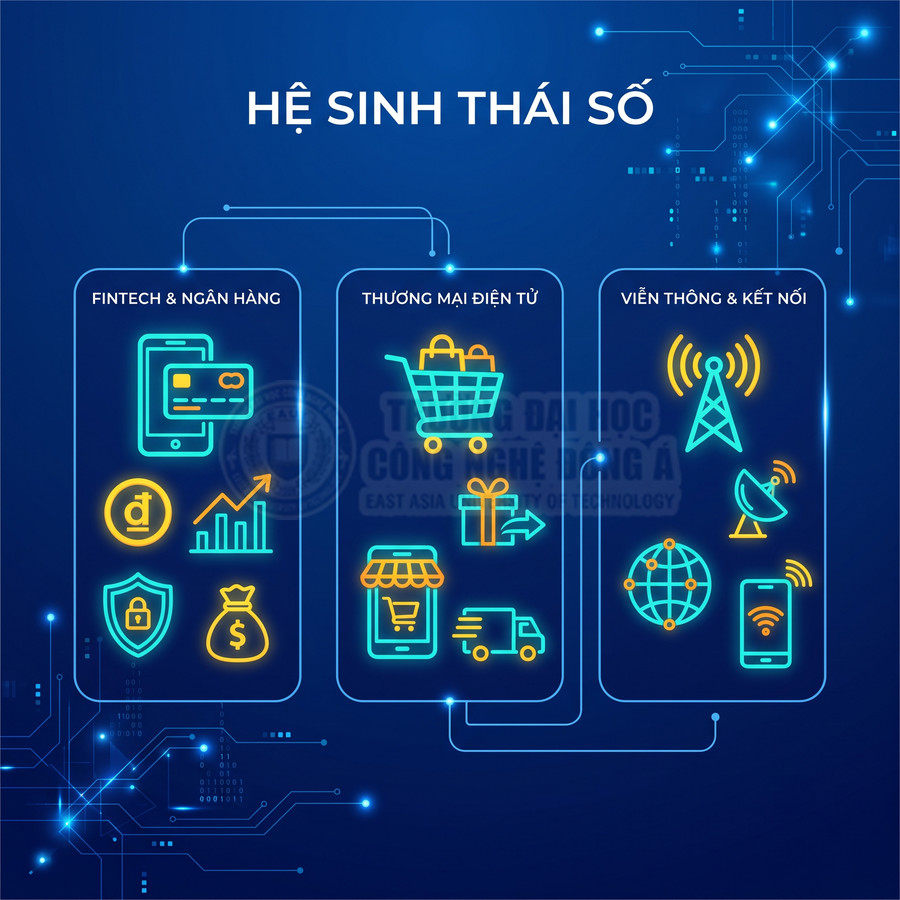 Minh họa hệ sinh thái số với biểu tượng fintech ngân hàng, thương mại điện tử và viễn thông kết nối trên nền xanh