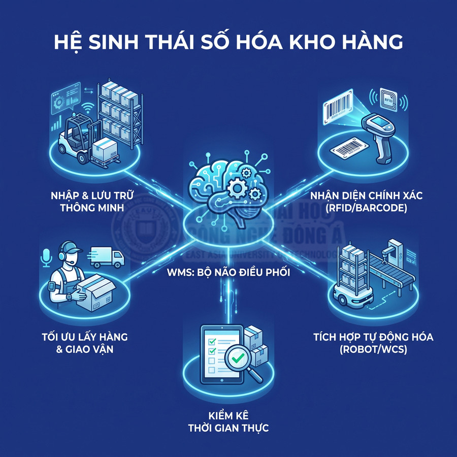 Hệ thống WMS điều phối kho thông minh với nhận diện RFID mã vạch, robot tự động và kiểm kê thời gian thực