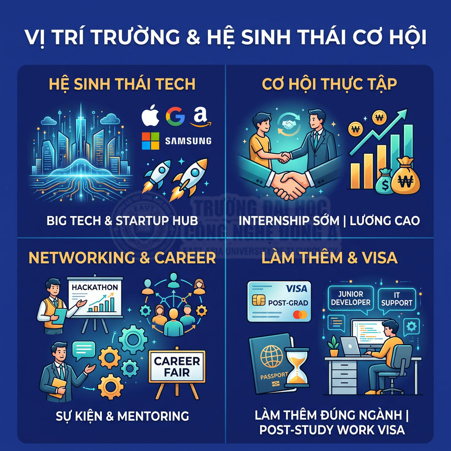 Infographic giới thiệu hệ sinh thái cơ hội ngành công nghệ với Apple, Google, Samsung, thực tập, networking và việc làm thêm visa