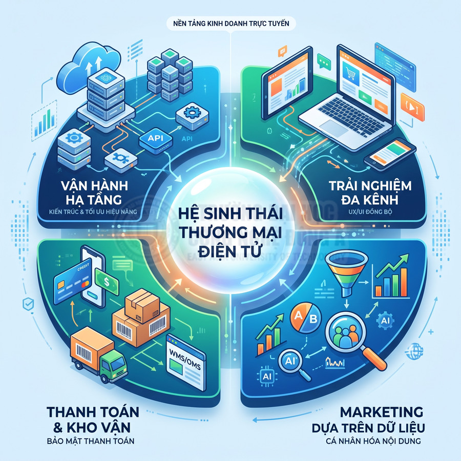 Mô hình hệ sinh thái thương mại điện tử với vận hành hạ tầng, đa kênh, thanh toán kho vận và marketing dữ liệu