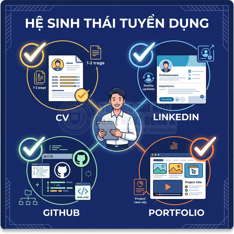 Mô hình hệ sinh thái tuyển dụng với CV, LinkedIn, GitHub và portfolio kết nối hỗ trợ tìm việc