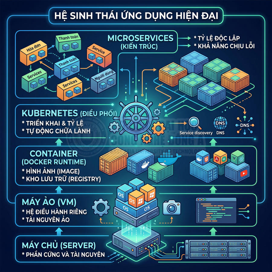 Sơ đồ hệ sinh thái ứng dụng hiện đại với server, máy ảo, container Docker, Kubernetes và kiến trúc microservices